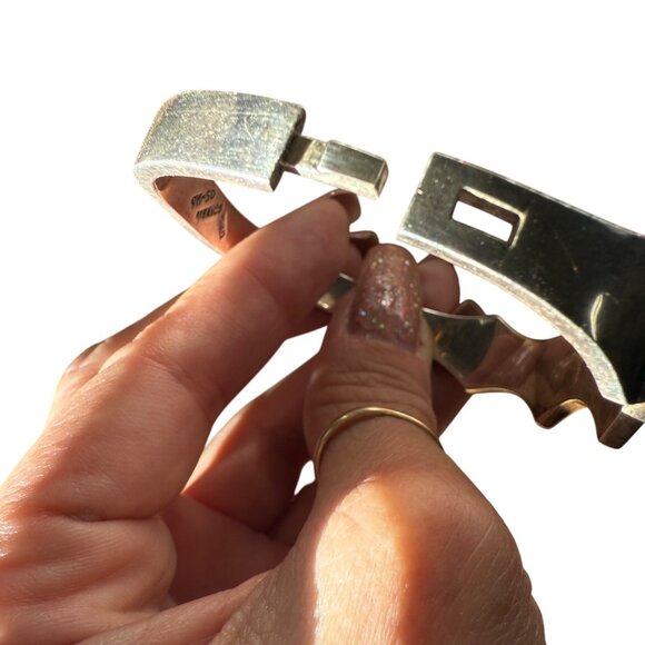 Vintage Sterling Silver Mexico Bracelet With Malachite Inlay Zigzag Design Hinge - Picture 9 of 13